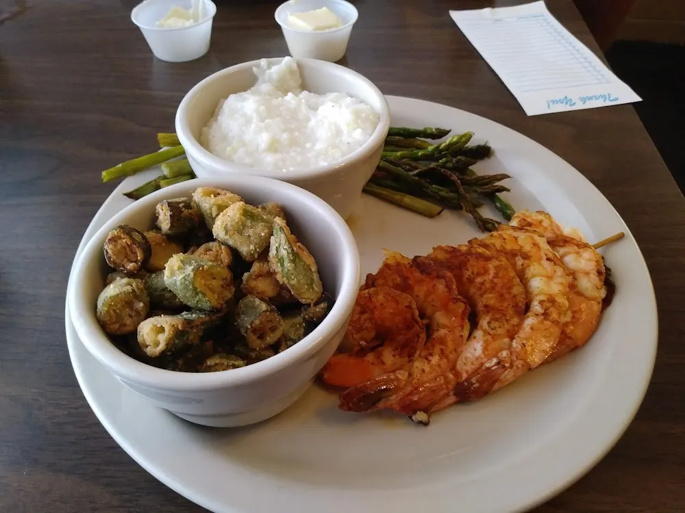 Grilled Shrimp with Okra Grits and Asparagus