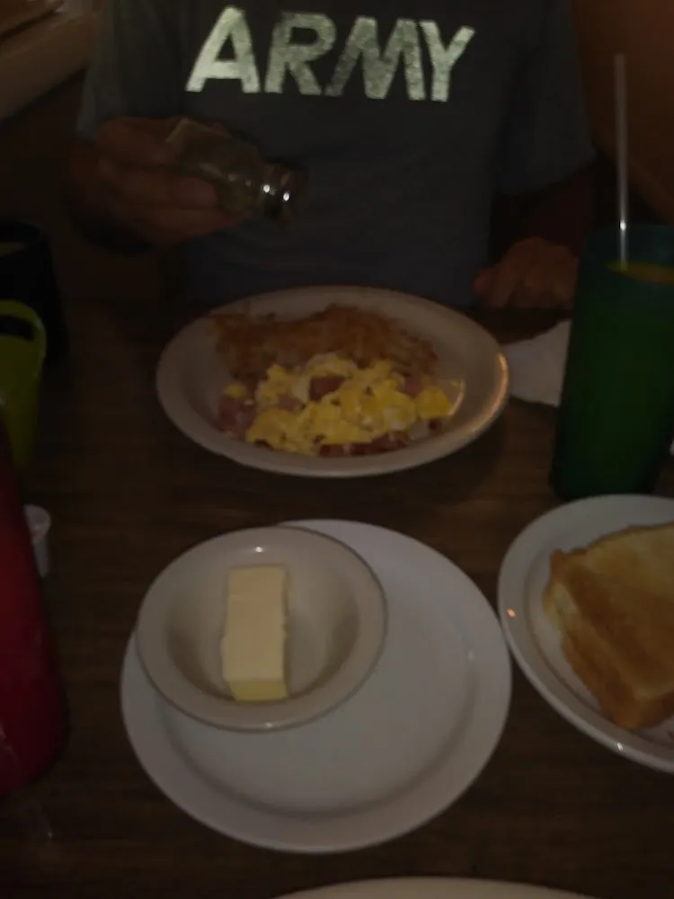 Scrambled Eggs with Ham Hash Browns and Toast